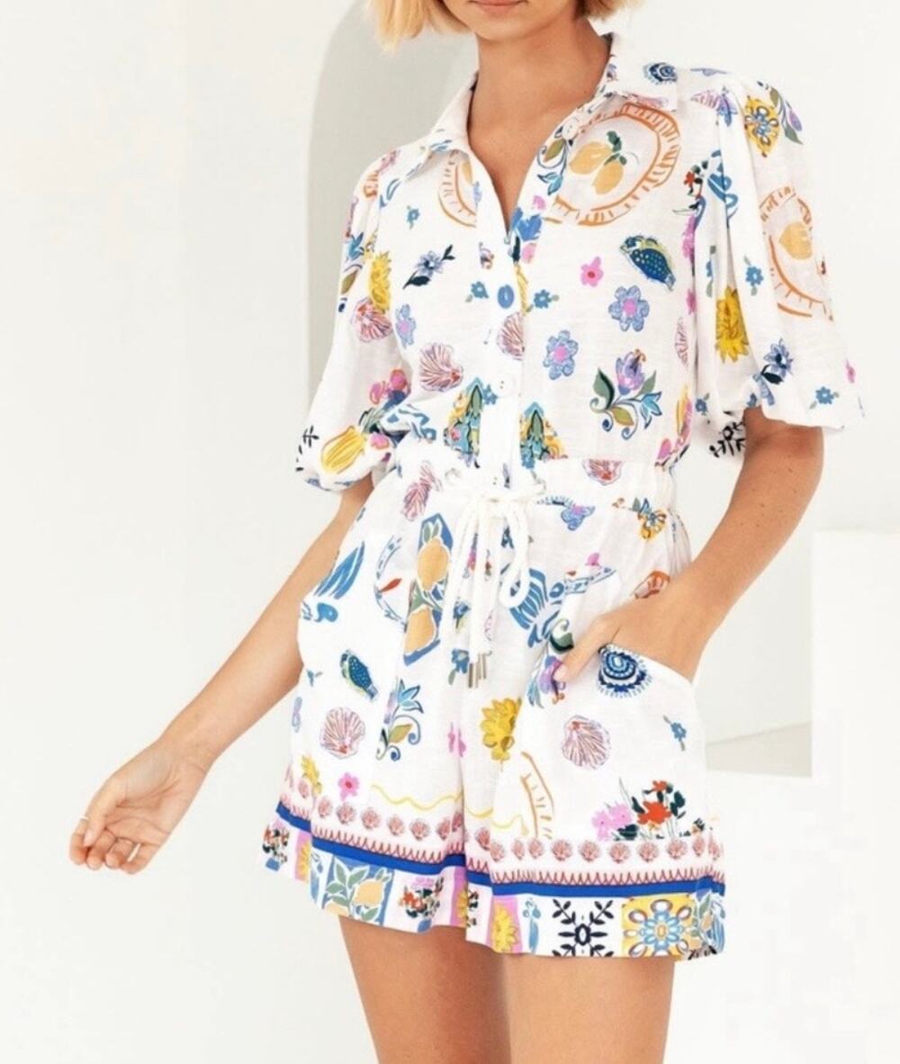 Label of Love Portofino Linen Playsuit Romper Coastal Print Seashell Resort Sz S